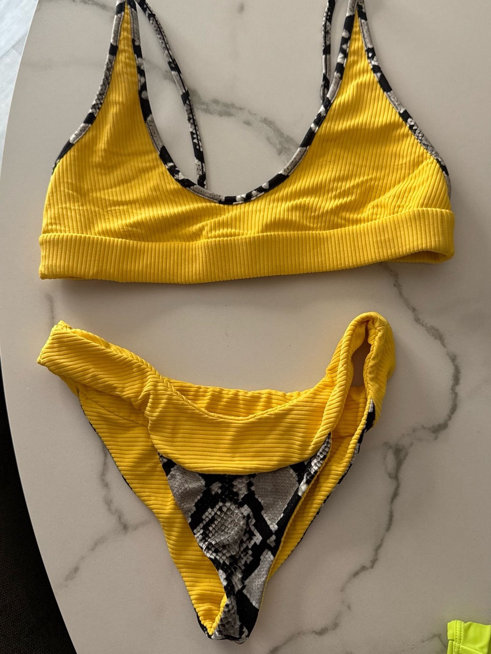 Kids Yellow Ribbed Bikini Swim Set with Snake-Print Trim